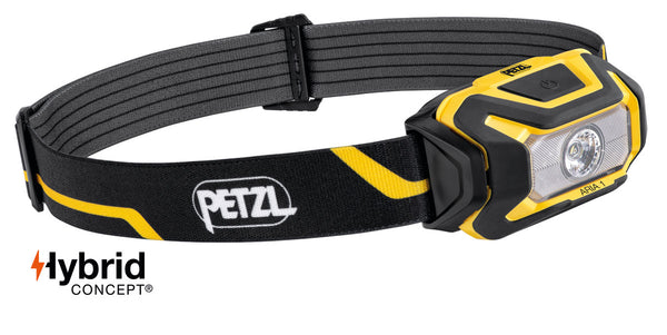 Petzl ARIA 1 – Robuste, wasserdichte Stirnlampe mit 350 Lumen, breitem Lichtkegel, Hybrid-Betrieb und Helmkompatibilität für professionelle Anwendungen