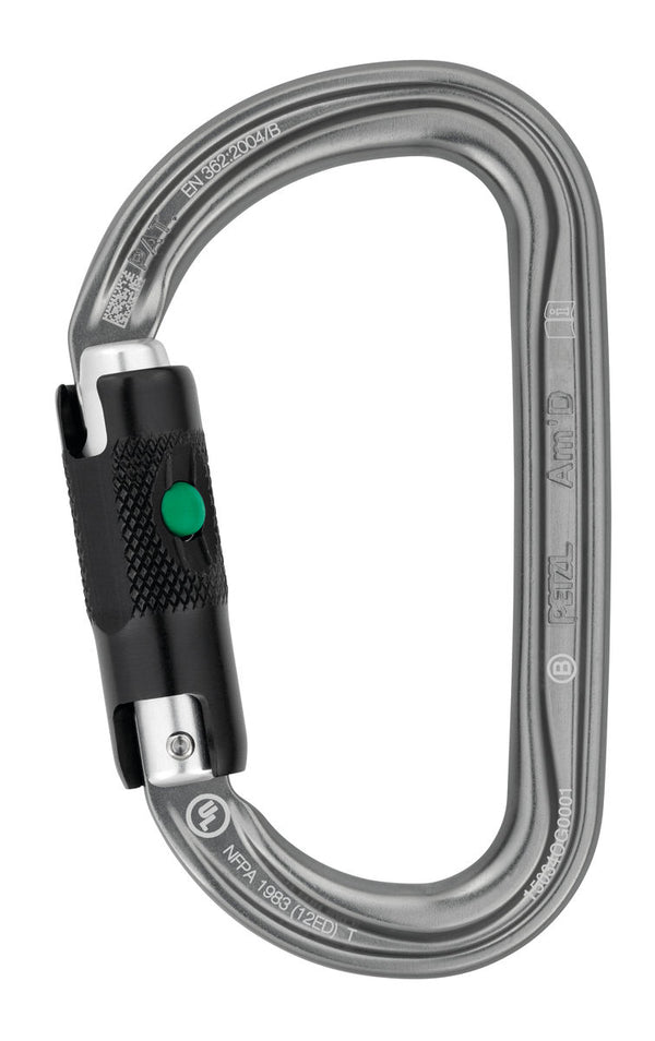 Petzl Am'D – Leichter asymmetrischer Karabiner aus Aluminium mit Keylock-System und verschiedenen Verriegelungssystemen für erhöhte Sicherheit in der Höhenarbeit.