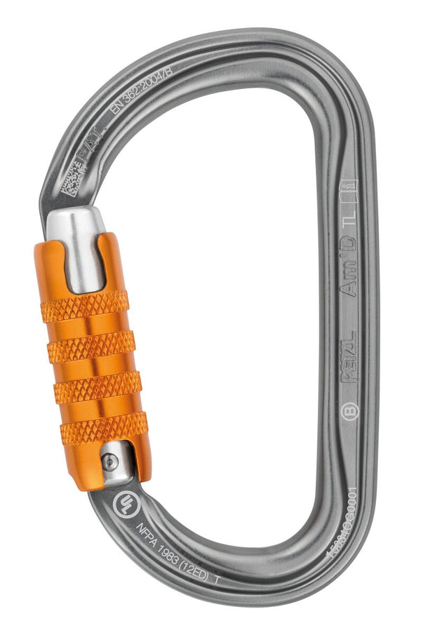 Petzl Am'D – Leichter asymmetrischer Karabiner aus Aluminium mit Keylock-System und verschiedenen Verriegelungssystemen für erhöhte Sicherheit in der Höhenarbeit.