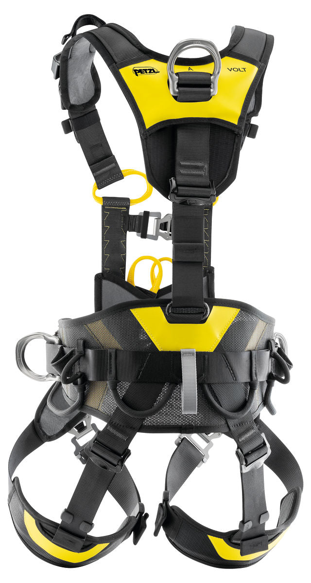 Petzl VOLT® Auffang- und Haltegurt – Der Auffang- und Haltegurt zur Arbeitsplatzpositionierung VOLT lässt sich dank der FAST LT PLUS- und FAST LT-Schnallen sehr schnell mit den Füßen am Boden anlegen. Der Hüftgurt und die Beinschlaufen sind halbstarr und breit, dadurch gewährleisten sie optimalen Halt. Die leichte, atmungsaktive Konstruktion sorgt für eine sehr gute Luftzirkulation. Er ist mit einer LADDER CLIMB-Steigschutzöse ausgestattet. Diese ermöglicht die Verbindung des Fallschutzläufers in ventraler 