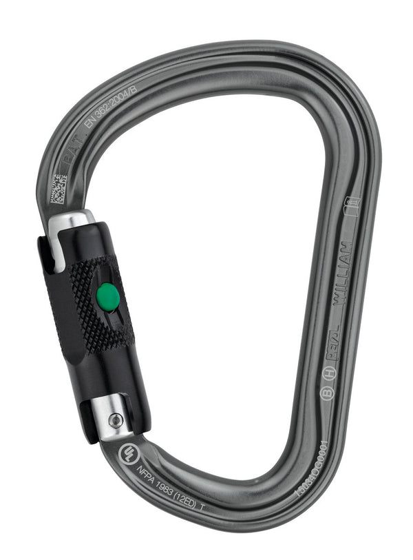 Petzl WILLIAM – Leichtgewichtiger, großer asymmetrischer Karabiner aus Aluminium mit Keylock-System und verschiedenen Verriegelungssystemen, ideal für das Verbinden mehrerer Elemente in der Höhenarbeit.