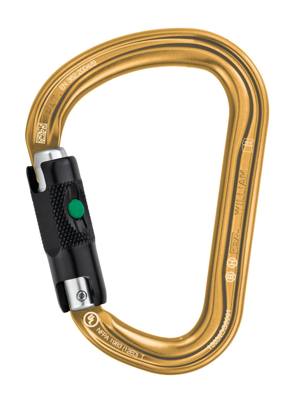 Petzl WILLIAM – Leichtgewichtiger, großer asymmetrischer Karabiner aus Aluminium mit Keylock-System und verschiedenen Verriegelungssystemen, ideal für das Verbinden mehrerer Elemente in der Höhenarbeit.