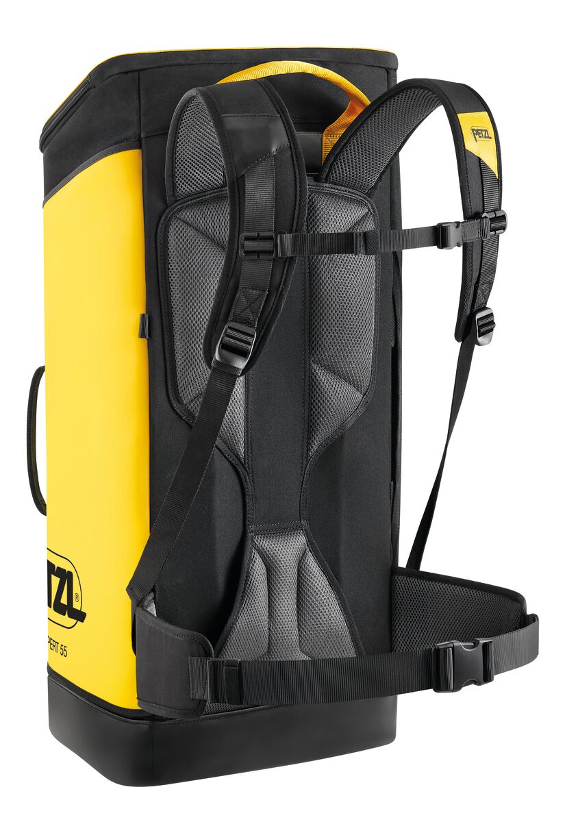 Petzl EXPERT 55 Transportsack, Gelb/Schwarz, Rückansicht mit gepolsterten Schultergurten und Hüftgurt. - imagen 6