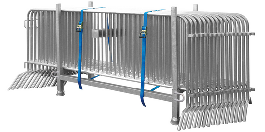Schake SET 15 Absperrgitter Typ B – Set mit 15 verzinkten Absperrgittern, Stapelpalette und 2 Zurrgurten. Ideal für Baustellenabsperrungen. Jetzt bestellen! – Jetzt erhältlich im MTN Shop DE.