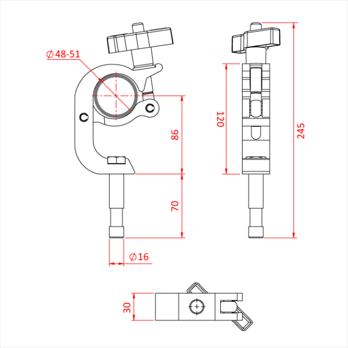 Technische Zeichnung der Doughty Trigger Beamer Clamp mit Maßangaben, Ø48-51mm Rohr-Durchmesser und 16mm Stift. - imagen 3