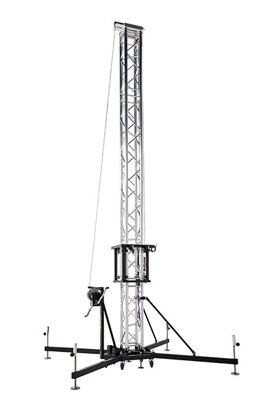 Kuzar K-10 Traversenlift vollständig aufgebaut mit Aluminium-Traversensektionen, Stahlbasis und manueller Winsch - imagen 2