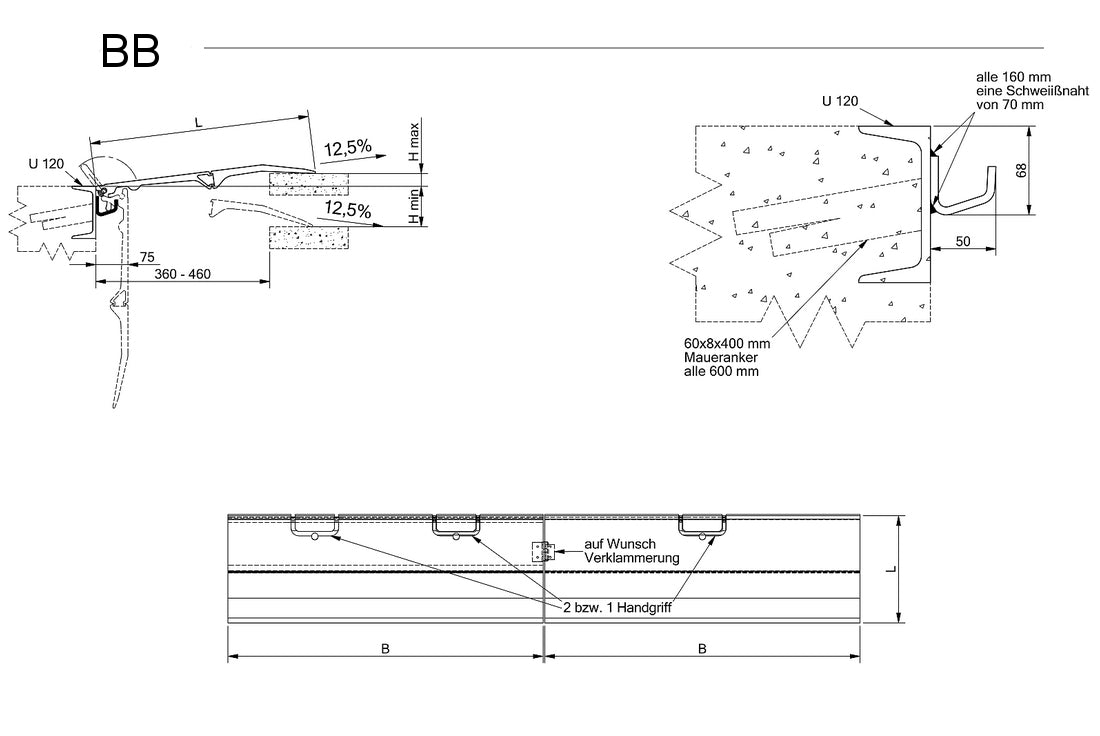 Technische Zeichnung ALTEC Überladebrücke Typ BB mit Abmessungen und Führungsschiene - imagen 4