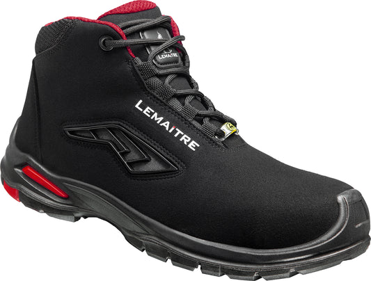 ESD-Sicherheitsstiefel RILEY HIGH S3 ESD aus schwarzer, wasserabweisender Mikrofaser mit atmungsaktivem roten Mesh-Innenfutter, Aluminium-Zehenkappe und metallfreier, durchtrittsicherer Zwischensohle. Moderne, leichte Arbeitsschuhe mit PU/PU-Genesis-Sohle für maximalen Komfort und Stoßdämpfung.