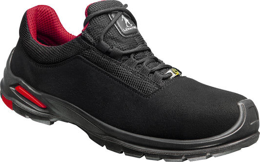 Personalisierbarer ESD-Sicherheitshalbschuh RILEY LOW BL S3 ESD aus schwarzer, wasserabweisender Mikrofaser mit atmungsaktivem rotem Mesh-Innenfutter, Aluminium-Zehenkappe und metallfreier, durchtrittsicherer Zwischensohle. PU/PU-Genesis-Sohle für optimale Stoßdämpfung und maximalen Komfort.
