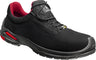 Personalisierbarer ESD-Sicherheitshalbschuh RILEY LOW BL S3 ESD aus schwarzer, wasserabweisender Mikrofaser mit atmungsaktivem rotem Mesh-Innenfutter, Aluminium-Zehenkappe und metallfreier, durchtrittsicherer Zwischensohle. PU/PU-Genesis-Sohle für optimale Stoßdämpfung und maximalen Komfort.