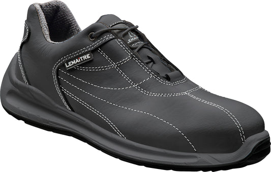 Sicherheitshalbschuh SPORTY S2 aus schwarzem Vollleder mit verdeckter Schnürung, abriebfestem Textilinnenfutter, stabiler Stahlkappe und patentierter ParaBolic®-Sohle für optimale Dämpfung und Rutschfestigkeit. Sportliches und elegantes Design mit gespritztem Spitzenschutz für zusätzlichen Schutz bei der Arbeit.