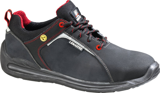 Lemaitre Super X Low S3 ESD Sicherheitsschuh in Schwarz aus Büffelnubukleder mit Stahlkappe, metallfreier durchtrittsicherer Zwischensohle und rutschfester Parabolic®-Sohle für maximalen Schutz und Komfort im Arbeitsalltag.