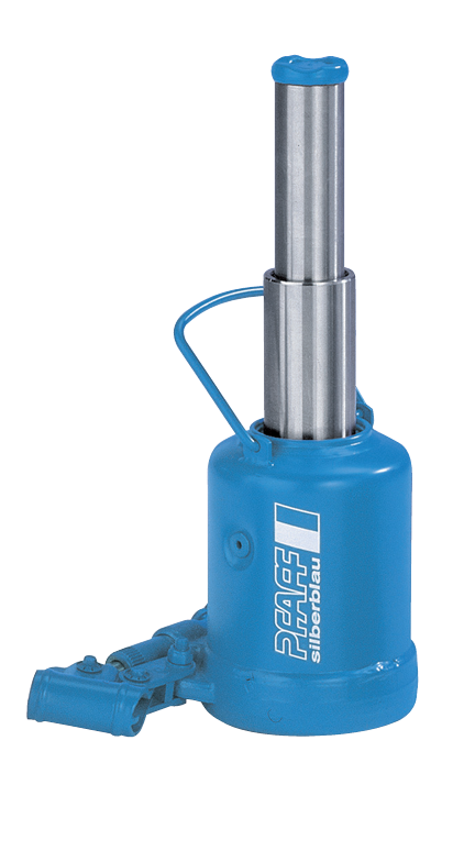 Pfaff-silberblau HWH 2K PROLINE hydraulischer Flaschenwagenheber in Blau mit zweistufigem Teleskopkolben auf neutralem Hintergrund