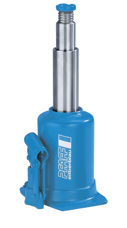 Pfaff-silberblau HWH 2KS PROLINE hydraulischer Flaschenwagenheber in Blau mit zweistufigem Teleskopkolben und Spindel auf neutralem Hintergrund.