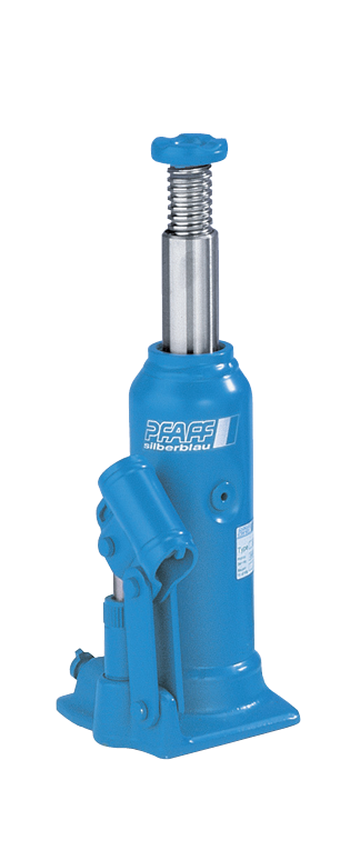 Pfaff-silberblau HWH KS PROLINE hydraulischer Flaschenwagenheber in Blau mit Spindel und ausgefahrenem Hubkolben auf neutralem Hintergrund