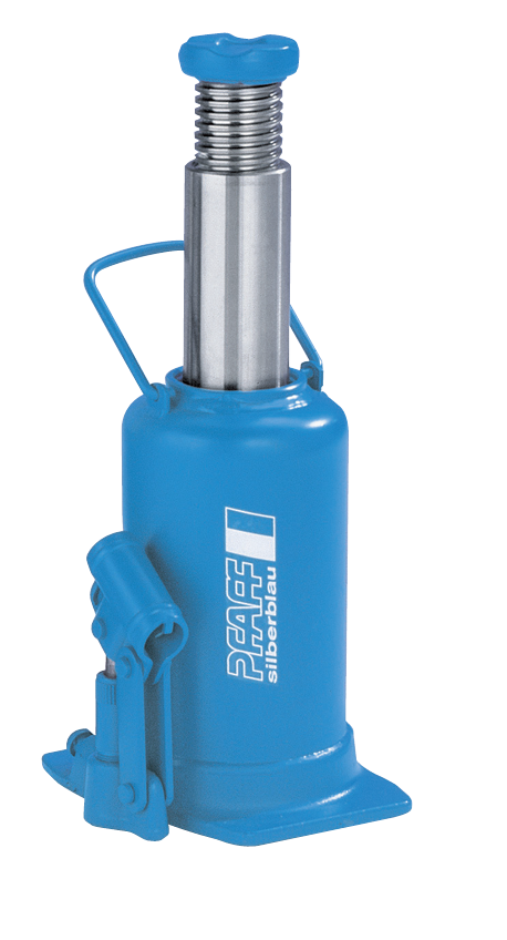 Pfaff-silberblau HWH KS PROLINE hydraulischer Flaschenwagenheber in Blau mit Spindelverstellung und Tragebügel auf neutralem Hintergrund