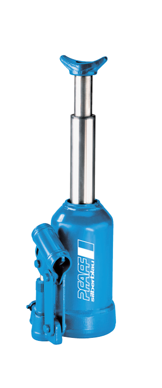 Pfaff-silberblau HWH PROLINE hydraulischer Flaschenwagenheber in Blau mit ausgefahrenem Hubkolben auf neutralem Hintergrund