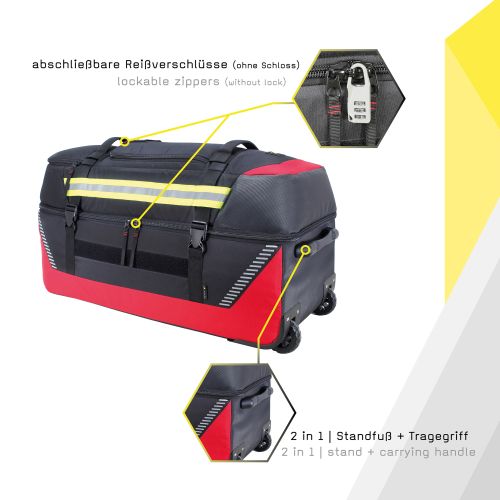 Black and red large wheeled travel bag with lockable zippers, multiple handles, and reinforced corners.
