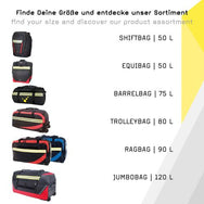 Large black and red trolley bag with wheels, extendable handle, and multiple compartments.
