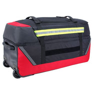 Black and red large wheeled trolley bag with reflective yellow stripe and side handles.