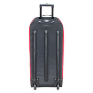 Black and red hard-shell trolley bag with telescopic handle and dual wheels, rear view.