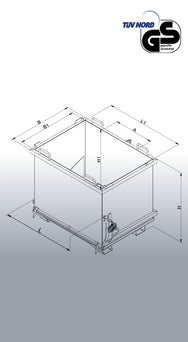 Technische Zeichnung mit Maßangaben des Eichinger Klappbodenbehälters Typ 2039 und TÜV Nord GS-Siegel. - imagen 2