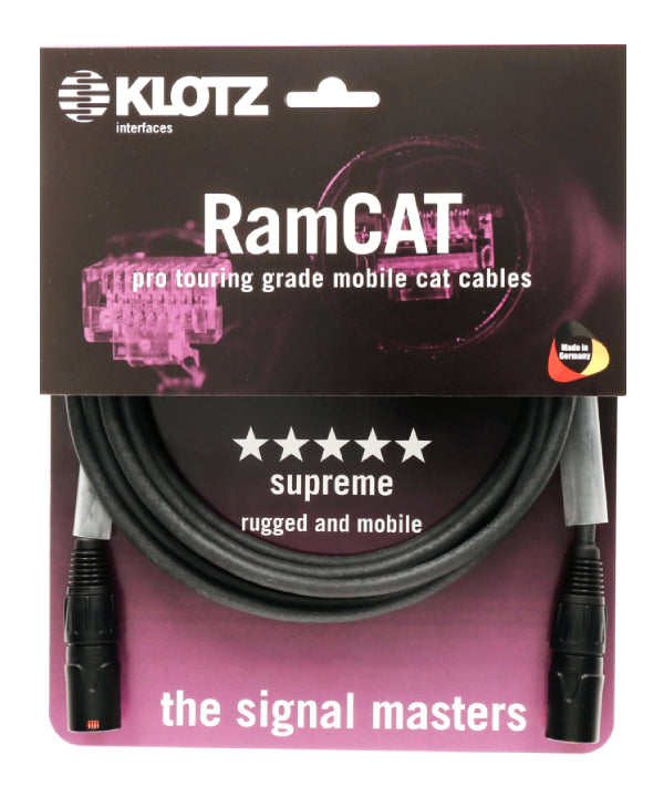 Hochflexibles Klotz RamCAT CAT5e Netzwerkkabel, schwarz – Robustes S/UTP-Datenkabel mit etherCON RJ45-Steckern für professionelle Live-Events, Touring und Bühnentechnik.