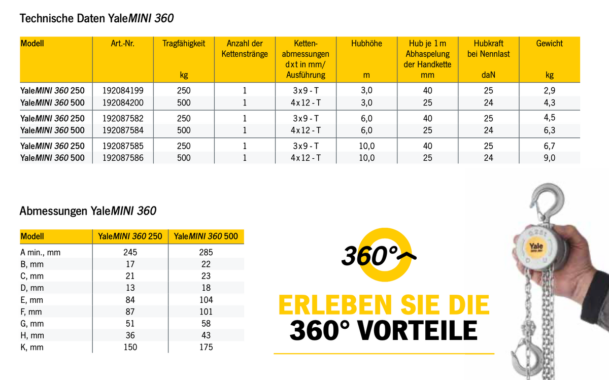 YaleMINI 360 Handkettenzug (250 - 500 kg) – Das kleinste Gerät aus der Familie der Yale Stirnradflaschenzüge verfügt über ein kompaktes Design sowie einen um 360° drehbaren Handkettenraddeckel. Dieser gewährleistet eine hohe Sicherheit, da ein Arbeiten außerhalb des Gefahrenbereiches möglich ist. Jetzt bequem online bestellen bei MTN! – Jetzt erhältlich im MTN Shop DE. - imagen 4