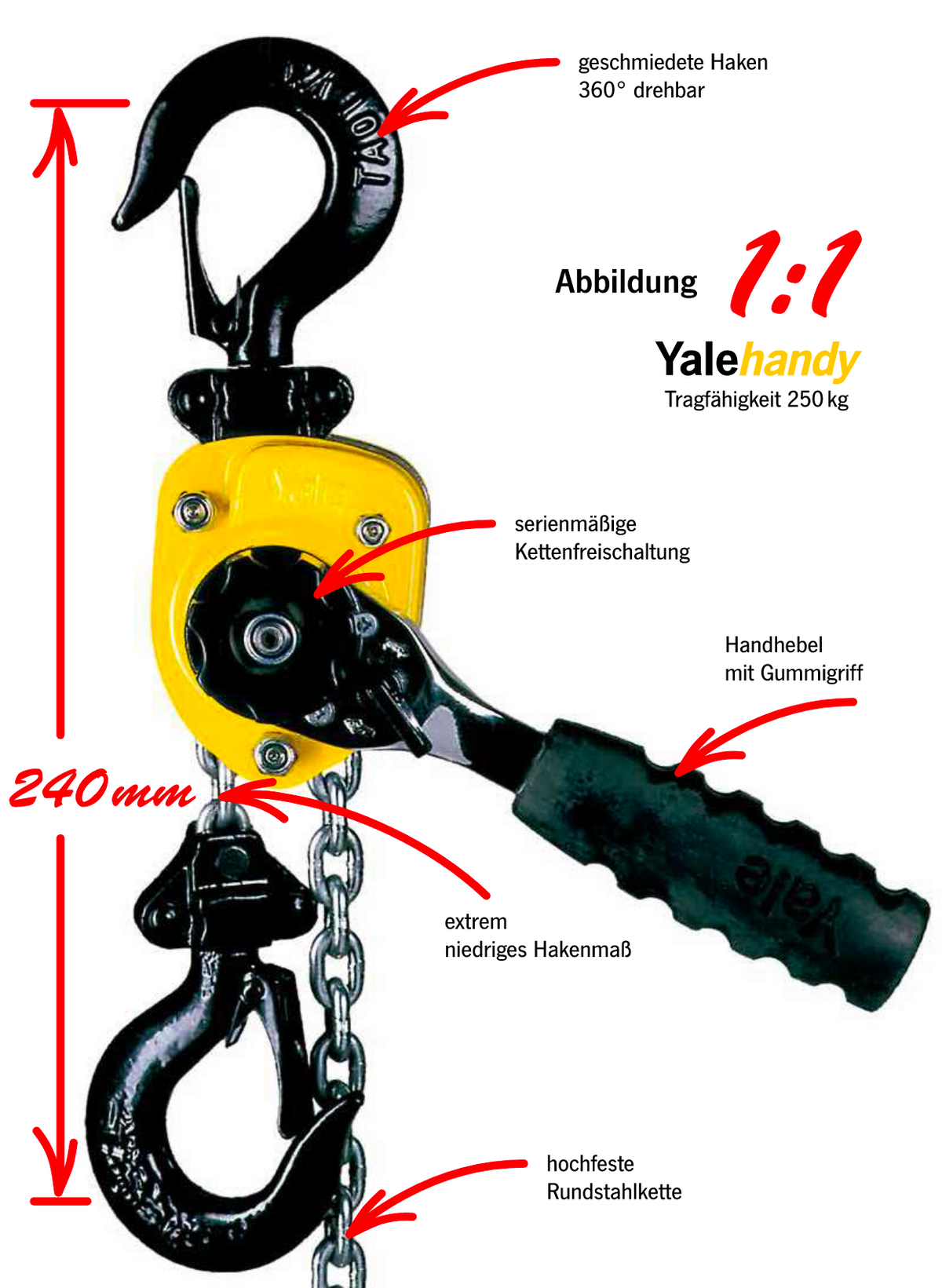Yalehandy Handhebelzug (250 - 500 kg) – Dieser Hebelzug aus Stahlblech ist das kleinste und leichteste Allzweckgerät für den professionellen Einsatz im Kleinlastbereich. Durch die vielfältigen Einsatzmöglichkeiten z. B. in der Industrie, im Handwerk und im Servicebereich ist dieser Handhebelzug unentbehrlich. Erfahren Sie mehr! – Jetzt erhältlich im MTN Shop DE. - imagen 5