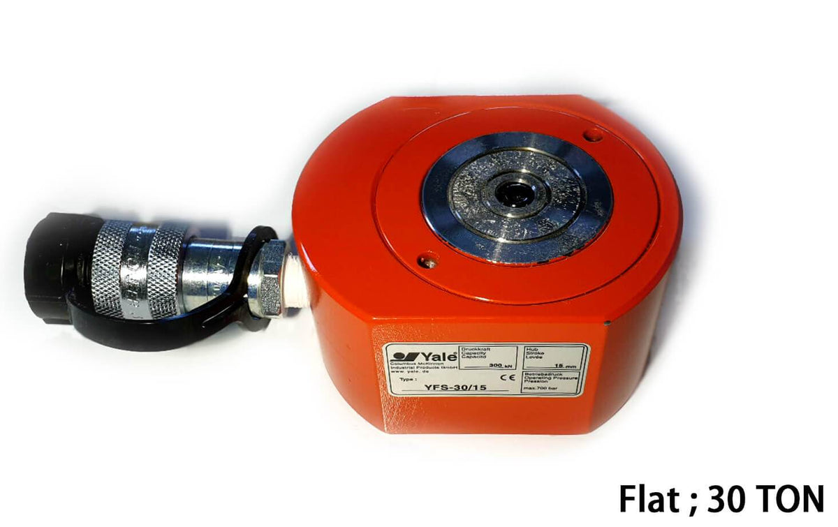 Yale Hydraulik Zylinder, Flachprofil YLS/YFS – Kurzhub- und Flach-Zylinder bieten sich dort an, wo nur wenig Freiraum zur Verfügung steht. Diese kompakten Hydraulikzylinder sind in allen Bereichen der Industrie zu finden, wie z. B. Stahlbau, Schwerindustrie, Kraftwerke, Bauwesen, Anlagenbau usw. Sie werden hauptsächlich eingesetzt zum Heben, Ausrichten, Wiegen, Spannen oder einfach als kompakte Kraftquelle für universelle Pressarbeiten. – Jetzt erhältlich im MTN Shop DE. - imagen 5