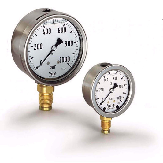 Yale Manometer – Der Einsatz von Manometern empfiehlt sich immer, wenn der Betriebsdruck, und damit die Kraft der angeschlossenen Hydraulikzylinder, abgelesen werden soll. Yale Manometer verfügen über ein Edelstahlgehäuse und eine Acrylglassichtscheibe und sind zur besseren Dämpfung mit Glyzerin gefüllt. Dadurch ergibt sich eine hohe Lebensdauer und eine genaue Ablesemöglichkeit. Auch beim Einsatz von Motorpumpen vibriert der Zeiger nicht. – Jetzt erhältlich im MTN Shop DE.